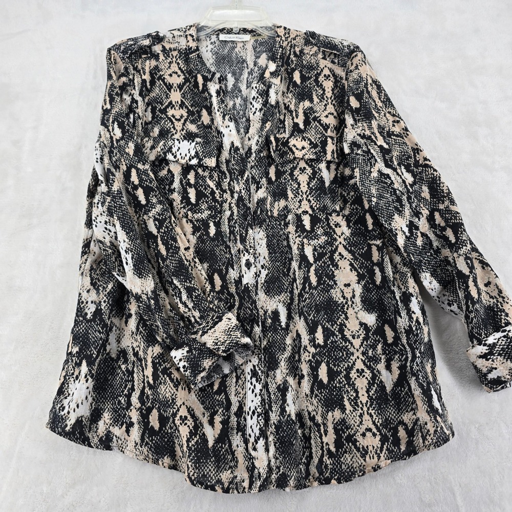 Calvin Klein Blouse Womens Large Button Up Black Tan Snakeskin Print Long Sleeve